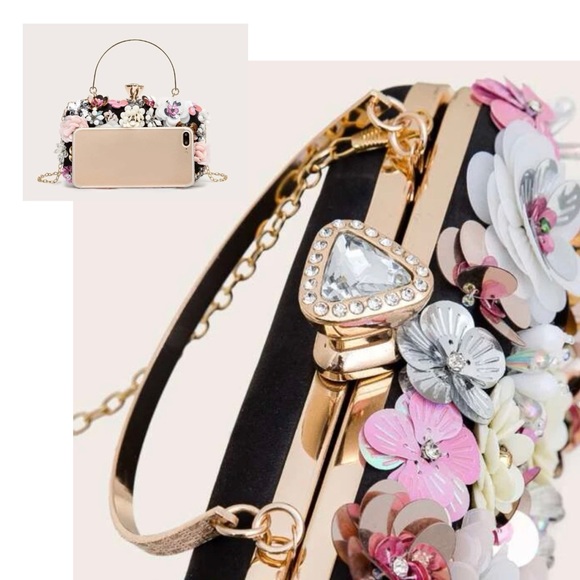 New Gorgeous Floral Clutch Box Bag Embellished - Picture 3 of 9
